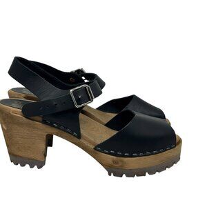 MIA Anja Swedish Clog Sandals Black Leather Peep Toe Women's size 8.5 (39)